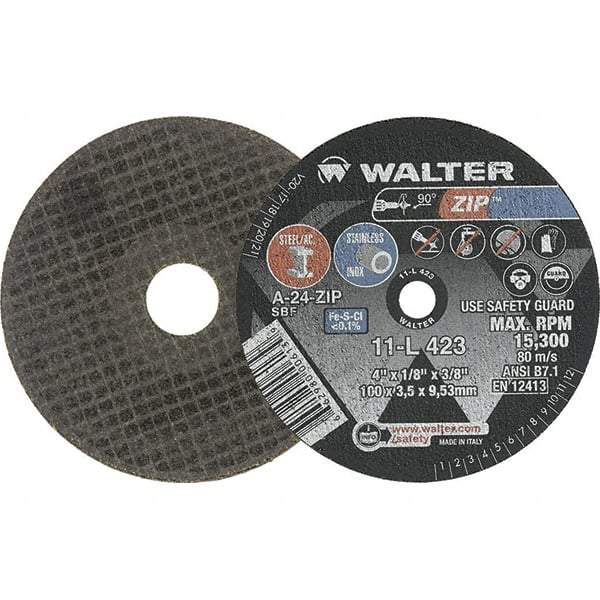 WALTER Surface Technologies - 4" 24 Grit Aluminum Oxide Cutoff Wheel - 1/8" Thick, 3/8" Arbor, 15,300 Max RPM, Use with Die Grinders - Industrial Tool & Supply