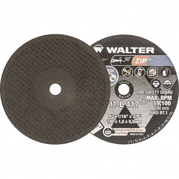 WALTER Surface Technologies - 4" 60 Grit Aluminum Oxide Cutoff Wheel - 1/16" Thick, 3/8" Arbor, 19,100 Max RPM, Use with Die Grinders - Industrial Tool & Supply