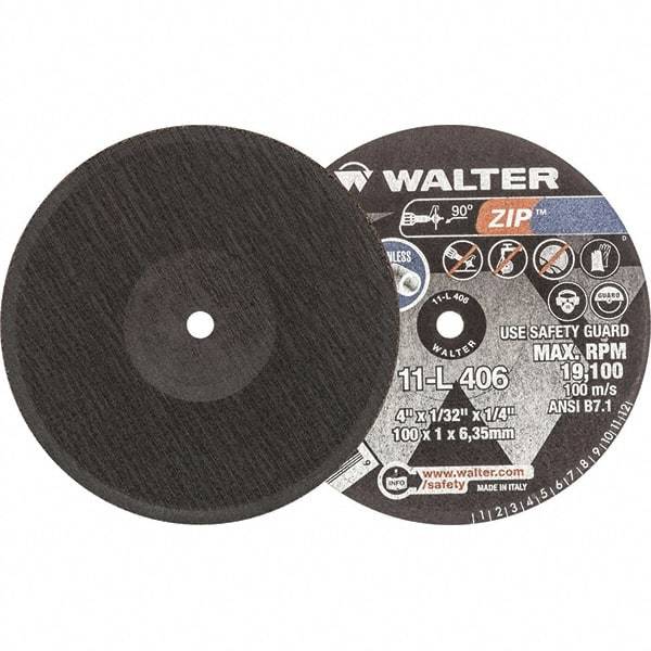 WALTER Surface Technologies - 4" 24 Grit Aluminum Oxide Cutoff Wheel - 1/32" Thick, 1/4" Arbor, 19,100 Max RPM, Use with Die Grinders - Industrial Tool & Supply