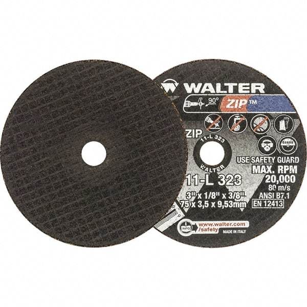 WALTER Surface Technologies - 3" 24 Grit Aluminum Oxide Cutoff Wheel - 1/8" Thick, 3/8" Arbor, 20,000 Max RPM, Use with Die Grinders - Industrial Tool & Supply