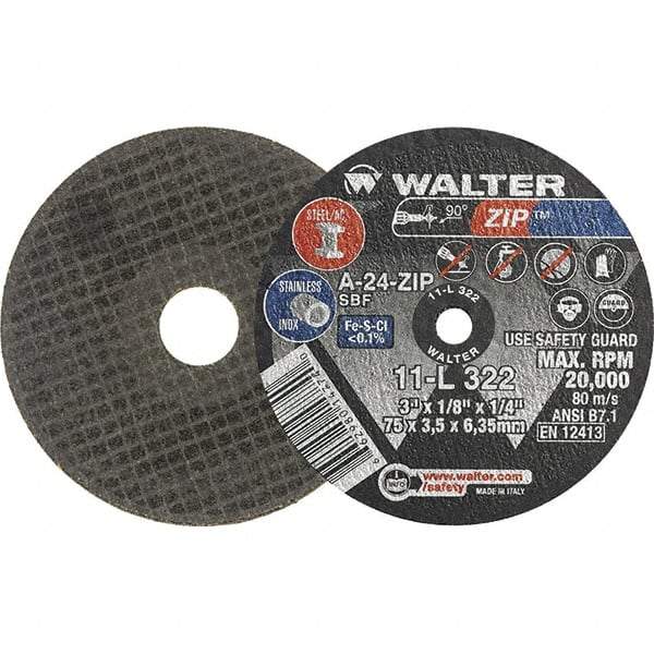 WALTER Surface Technologies - 3" 24 Grit Aluminum Oxide Cutoff Wheel - 1/8" Thick, 1/4" Arbor, 20,000 Max RPM, Use with Die Grinders - Industrial Tool & Supply