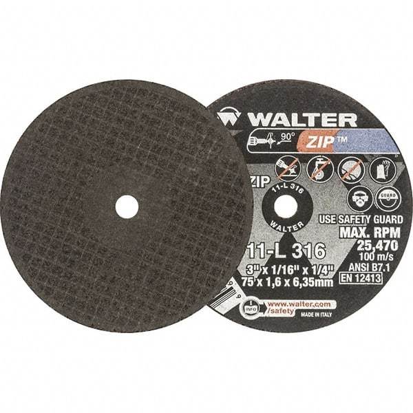 WALTER Surface Technologies - 3" 60 Grit Aluminum Oxide Cutoff Wheel - 1/16" Thick, 1/4" Arbor, 25,470 Max RPM, Use with Die Grinders - Industrial Tool & Supply