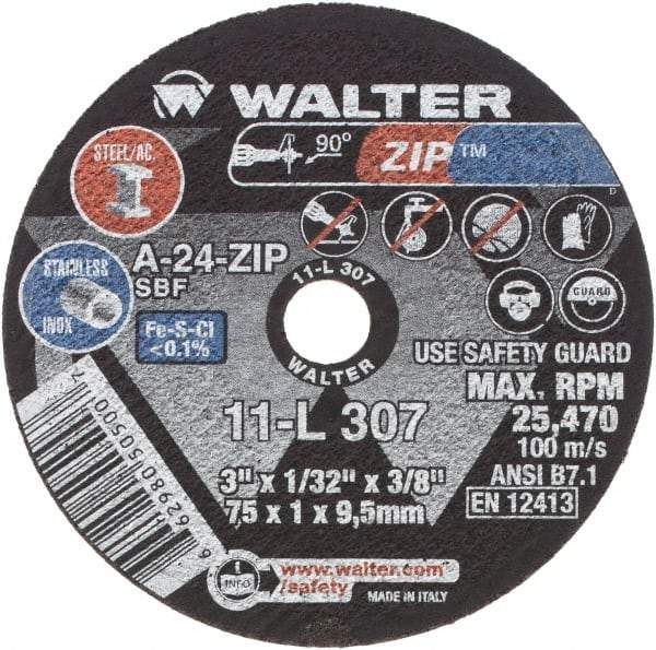 WALTER Surface Technologies - 3" 24 Grit Aluminum Oxide Cutoff Wheel - 1/32" Thick, 3/8" Arbor, 25,470 Max RPM, Use with Die Grinders - Industrial Tool & Supply