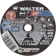 WALTER Surface Technologies - 3" 24 Grit Aluminum Oxide Cutoff Wheel - 1/32" Thick, 3/8" Arbor, 25,470 Max RPM, Use with Die Grinders - Industrial Tool & Supply