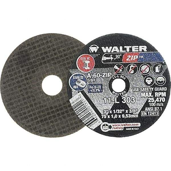 WALTER Surface Technologies - 3" 60 Grit Aluminum Oxide Cutoff Wheel - 1/32" Thick, 3/8" Arbor, 25,470 Max RPM, Use with Die Grinders - Industrial Tool & Supply