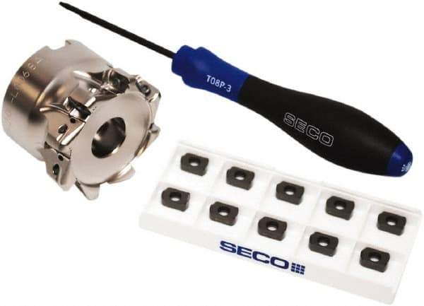 Seco - CVD Finish Micrograin Grade Carbide High Feed Milling Tip Insert Holder Kit - 2" Cut Diam, 2" Shank Diam, 1" OAL, 2" Cut Width, 0.035" Depth of Cut, 8 Flutes, Tool Steel Toolholder, Through Coolant, Series Master Mill - Industrial Tool & Supply