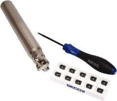 Seco - CVD Finish Micrograin Grade Carbide High Feed Milling Tip Insert Holder Kit - 1" Cut Diam, 1" Shank Diam, 7" OAL, 1" Cut Width, 0.035" Depth of Cut, 3 Flutes, Tool Steel Toolholder, Through Coolant, Series Master Mill - Industrial Tool & Supply