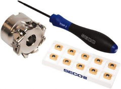 Seco - CVD Finish Micrograin Grade Carbide High Feed Milling Tip Insert Holder Kit - 2" Cut Diam, 2" Shank Diam, 1" OAL, 2" Cut Width, 0.035" Depth of Cut, 8 Flutes, Tool Steel Toolholder, Through Coolant, Series Master Mill - Industrial Tool & Supply