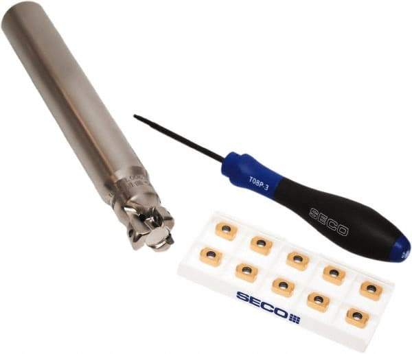 Seco - CVD Finish Micrograin Grade Carbide High Feed Milling Tip Insert Holder Kit - 1" Cut Diam, 1" Shank Diam, 7" OAL, 1" Cut Width, 0.035" Depth of Cut, 3 Flutes, Tool Steel Toolholder, Through Coolant, Series Master Mill - Industrial Tool & Supply