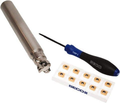 Seco - CVD Finish Micrograin Grade Carbide High Feed Milling Tip Insert Holder Kit - 1" Cut Diam, 1" Shank Diam, 7" OAL, 1" Cut Width, 0.035" Depth of Cut, 3 Flutes, Tool Steel Toolholder, Through Coolant, Series Master Mill - Industrial Tool & Supply