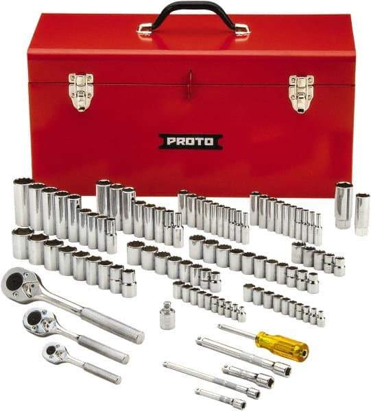 Proto - 101 Piece 1/4", 3/8" & 1/2" Drive Chrome Finish Deep Well Socket Set - 6, 8, 12 Points, 1/4" to 1" (4mm to 19mm) Range, Inch/Metric Measurement Standard - Industrial Tool & Supply