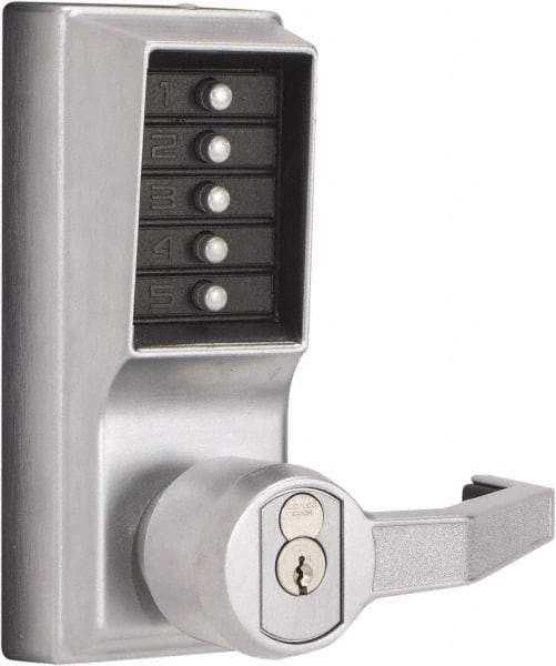 Kaba Access - Combination Entry Lever Lockset with Key Override - 2-3/4" Back Set, No Cylinder, Zamak3, Satin Chrome Finish - Industrial Tool & Supply