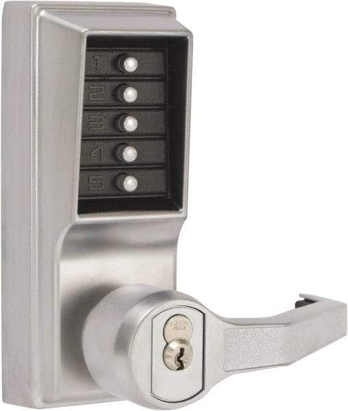 Kaba Access - Combination Entry Lever Lockset with Key Override - 2-3/4" Back Set, Nonkey Override Cylinder, Zamak3, Satin Chrome Finish - Industrial Tool & Supply