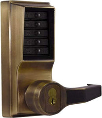 Kaba Access - Combination Entry Lever Lockset with Key Override - 2-3/4" Back Set, No Cylinder, Zamak3, Antique Brass Finish - Industrial Tool & Supply