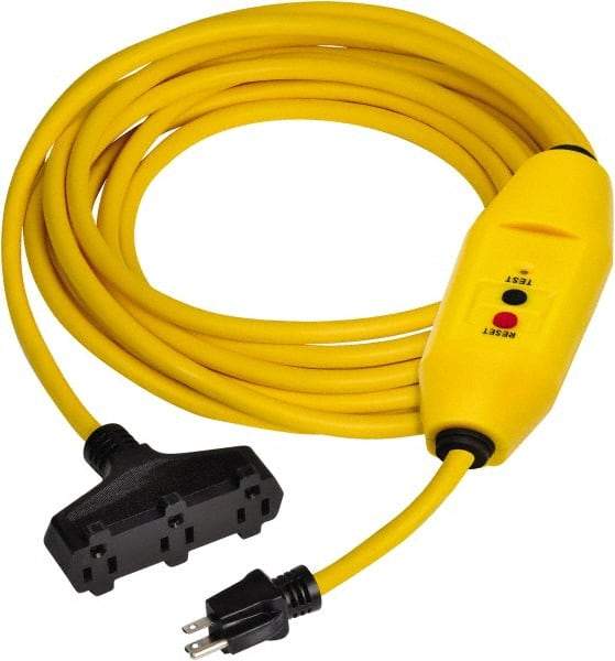 Tower - 3 Outlets, 125 Volt, 15 Amp, Yellow, GFCI and Triple Tap Cord Set - 5-15P, 5-15R NEMA Configuration, 25 Ft. Long, cUL Listed, OSHA, UL File E174279 - Industrial Tool & Supply