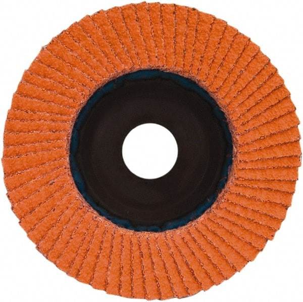 Norton - 36 Grit, 4-1/2" Disc Diam, 7/8" Center Hole, Type 27 Ceramic Alumina Flap Disc - 13,300 Max RPM, Plastic Backing, Arbor Attaching System, Coated - Industrial Tool & Supply