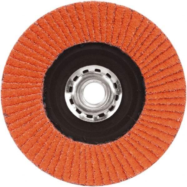 Norton - 40 Grit, 5" Disc Diam, 5/8-11 Center Hole, Type 27 Ceramic Alumina Flap Disc - 12,000 Max RPM, Plastic Backing, Arbor Attaching System, Coated - Industrial Tool & Supply