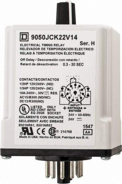 Square D - DPDT Time Delay Relay - 10 Contact Amp, 24 VAC/VDC - Industrial Tool & Supply