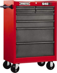 Proto - 8 Drawer Steel Tool Roller Cabinet - 27" Wide x 42" High x 18" Deep, Ball Bearing Drawer Slides, Safety Red/Gray - Industrial Tool & Supply