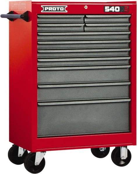 Proto - 11 Drawer Steel Tool Roller Cabinet - 27" Wide x 42" High x 18" Deep, Ball Bearing Drawer Slides, Safety Red/Gray - Industrial Tool & Supply