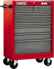 Proto - 11 Drawer Steel Tool Roller Cabinet - 27" Wide x 42" High x 18" Deep, Ball Bearing Drawer Slides, Safety Red/Gray - Industrial Tool & Supply