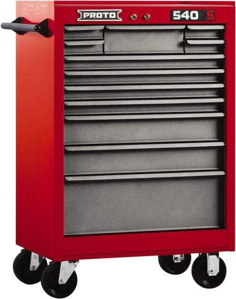 Proto - 12 Drawer Steel Tool Roller Cabinet - 27" Wide x 42" High x 18" Deep, Ball Bearing Drawer Slides, Safety Red/Gray - Industrial Tool & Supply