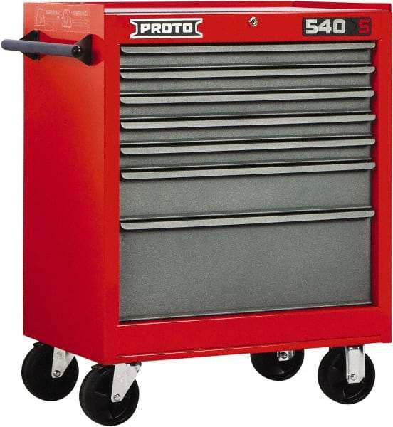 Proto - 7 Drawer Steel Tool Roller Cabinet - 27" Wide x 35" High x 18" Deep, Ball Bearing Drawer Slides, Safety Red/Gray - Industrial Tool & Supply