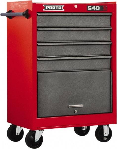 Proto - 4 Drawer Steel Tool Roller Cabinet - 27" Wide x 42" High x 18" Deep, Ball Bearing Drawer Slides, Safety Red/Gray - Industrial Tool & Supply