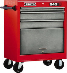 Proto - 3 Drawer Steel Tool Roller Cabinet - 27" Wide x 35" High x 18" Deep, Ball Bearing Drawer Slides, Safety Red/Gray - Industrial Tool & Supply