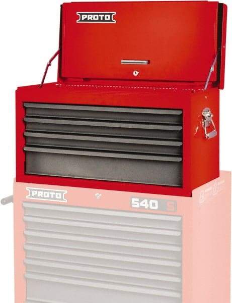 Proto - 4 Drawer Top Tool Chest - 27" Wide x 12" Deep x 15" High, Steel, Safety Red/Gray - Industrial Tool & Supply