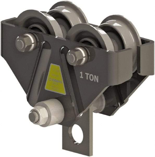 CIGNYS - 1 Ton Capacity Plain Adjustable Trolley - 3" to 5-1/4" Flange Width, 4" Wheel Diam, 5" to 12" I-Beam, 36" Min Radius - Industrial Tool & Supply