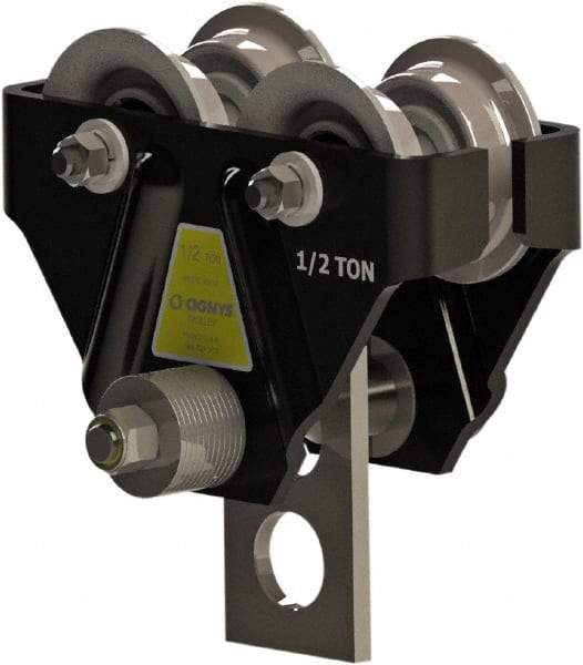 CIGNYS - 0.5 Ton Capacity Plain Adjustable Trolley - 2-21/32" to 4-21/32" Flange Width, 3-1/8" Wheel Diam, 4" to 10" I-Beam, 24" Min Radius - Industrial Tool & Supply