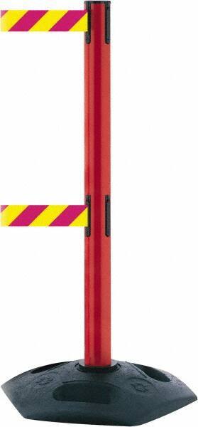 Tensator - 38" High, 2-1/2" Pole Diam, 4 Way Stanchion - 19" Base Diam, Octagon Recycled Rubber Base, Red Plastic Post, 7-1/2' x 2" Tape, Dual Line Tape, For Outdoor Use - Industrial Tool & Supply