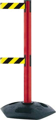 Tensator - 38" High, 2-1/2" Pole Diam, 4 Way Stanchion - 19" Base Diam, Octagon Recycled Rubber Base, Red Plastic Post, 7-1/2' x 2" Tape, Dual Line Tape, For Outdoor Use - Industrial Tool & Supply