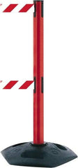 Tensator - 38" High, 2-1/2" Pole Diam, 4 Way Stanchion - 19" Base Diam, Octagon Recycled Rubber Base, Red Plastic Post, 7-1/2' x 2" Tape, Dual Line Tape, For Outdoor Use - Industrial Tool & Supply
