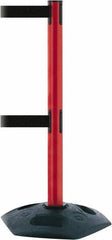 Tensator - 38" High, 2-1/2" Pole Diam, 4 Way Stanchion - 19" Base Diam, Octagon Recycled Rubber Base, Red Plastic Post, 7-1/2' x 2" Tape, Dual Line Tape, For Outdoor Use - Industrial Tool & Supply