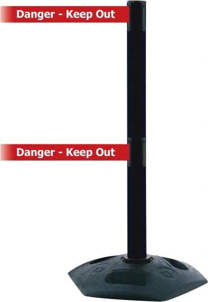 Tensator - 38" High, 2-1/2" Pole Diam, 4 Way Stanchion - 19" Base Diam, Octagon Recycled Rubber Base, Black Plastic Post, 7-1/2' x 2" Tape, Dual Line Tape, For Outdoor Use - Industrial Tool & Supply