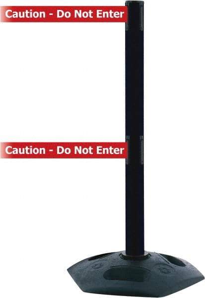 Tensator - 38" High, 2-1/2" Pole Diam, 4 Way Stanchion - 19" Base Diam, Octagon Recycled Rubber Base, Black Plastic Post, 7-1/2' x 2" Tape, Dual Line Tape, For Outdoor Use - Industrial Tool & Supply