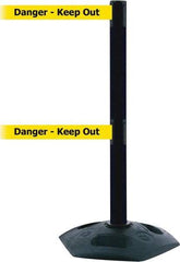 Tensator - 38" High, 2-1/2" Pole Diam, 4 Way Stanchion - 19" Base Diam, Octagon Recycled Rubber Base, Black Plastic Post, 7-1/2' x 2" Tape, Dual Line Tape, For Outdoor Use - Industrial Tool & Supply