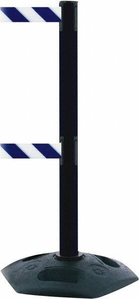 Tensator - 38" High, 2-1/2" Pole Diam, 4 Way Stanchion - 19" Base Diam, Octagon Recycled Rubber Base, Black Plastic Post, 7-1/2' x 2" Tape, Dual Line Tape, For Outdoor Use - Industrial Tool & Supply