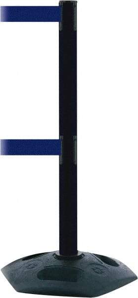 Tensator - 38" High, 2-1/2" Pole Diam, 4 Way Stanchion - 19" Base Diam, Octagon Recycled Rubber Base, Black Plastic Post, 7-1/2' x 2" Tape, Dual Line Tape, For Outdoor Use - Industrial Tool & Supply
