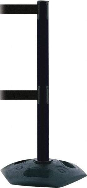 Tensator - 38" High, 2-1/2" Pole Diam, 4 Way Stanchion - 19" Base Diam, Octagon Recycled Rubber Base, Black Plastic Post, 7-1/2' x 2" Tape, Dual Line Tape, For Outdoor Use - Industrial Tool & Supply