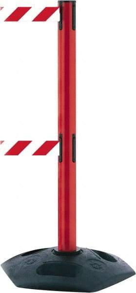 Tensator - 38" High, 2-1/2" Pole Diam, 4 Way Stanchion - 19" Base Diam, Octagon Recycled Rubber Base, Red Plastic Post, 13' x 2" Tape, Dual Line Tape, For Outdoor Use - Industrial Tool & Supply