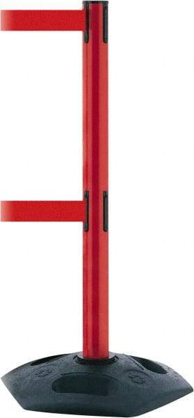 Tensator - 38" High, 2-1/2" Pole Diam, 4 Way Stanchion - 19" Base Diam, Octagon Recycled Rubber Base, Red Plastic Post, 13' x 2" Tape, Dual Line Tape, For Outdoor Use - Industrial Tool & Supply