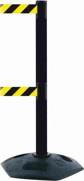 Tensator - 38" High, 2-1/2" Pole Diam, 4 Way Stanchion - 19" Base Diam, Octagon Recycled Rubber Base, Black Plastic Post, 13' x 2" Tape, Dual Line Tape, For Outdoor Use - Industrial Tool & Supply