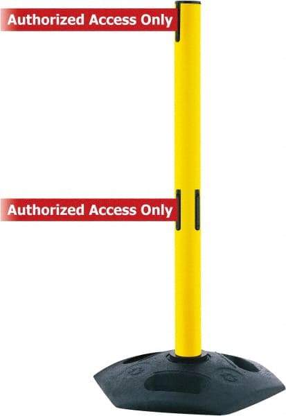 Tensator - 38" High, 2-1/2" Pole Diam, 4 Way Stanchion - 19" Base Diam, Octagon Recycled Rubber Base, Yellow Plastic Post, 7-1/2' x 2" Tape, Dual Line Tape, For Outdoor Use - Industrial Tool & Supply