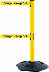 Tensator - 38" High, 2-1/2" Pole Diam, 4 Way Stanchion - 19" Base Diam, Octagon Recycled Rubber Base, Yellow Plastic Post, 7-1/2' x 2" Tape, Dual Line Tape, For Outdoor Use - Industrial Tool & Supply