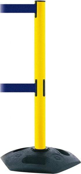 Tensator - 38" High, 2-1/2" Pole Diam, 4 Way Stanchion - 19" Base Diam, Octagon Recycled Rubber Base, Yellow Plastic Post, 7-1/2' x 2" Tape, Dual Line Tape, For Outdoor Use - Industrial Tool & Supply