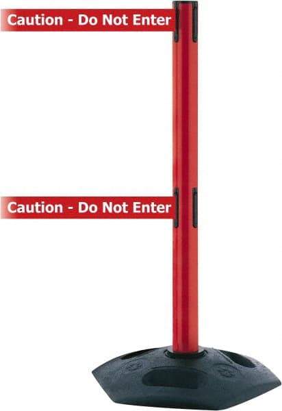 Tensator - 38" High, 2-1/2" Pole Diam, 4 Way Stanchion - 19" Base Diam, Octagon Recycled Rubber Base, Red Plastic Post, 7-1/2' x 2" Tape, Dual Line Tape, For Outdoor Use - Industrial Tool & Supply