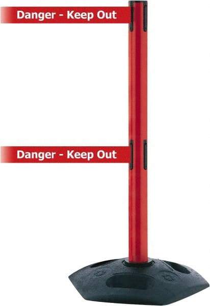 Tensator - 38" High, 2-1/2" Pole Diam, 4 Way Stanchion - 19" Base Diam, Octagon Recycled Rubber Base, Red Plastic Post, 7-1/2' x 2" Tape, Dual Line Tape, For Outdoor Use - Industrial Tool & Supply